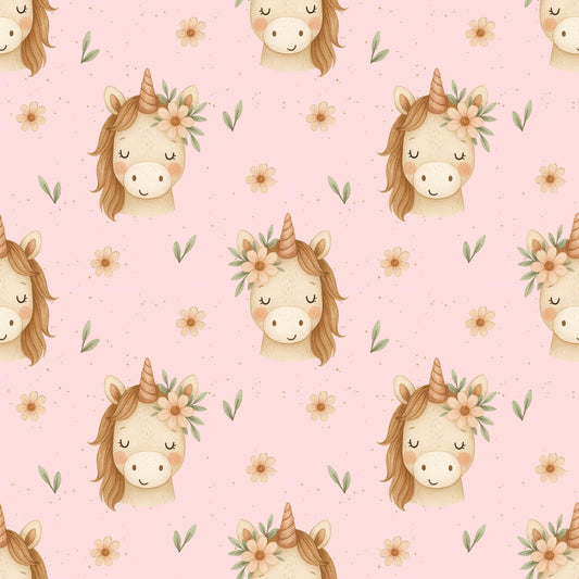 Nahtloses Muster mit Einhornköpfen und floralen Details in zarten Pastelltönen