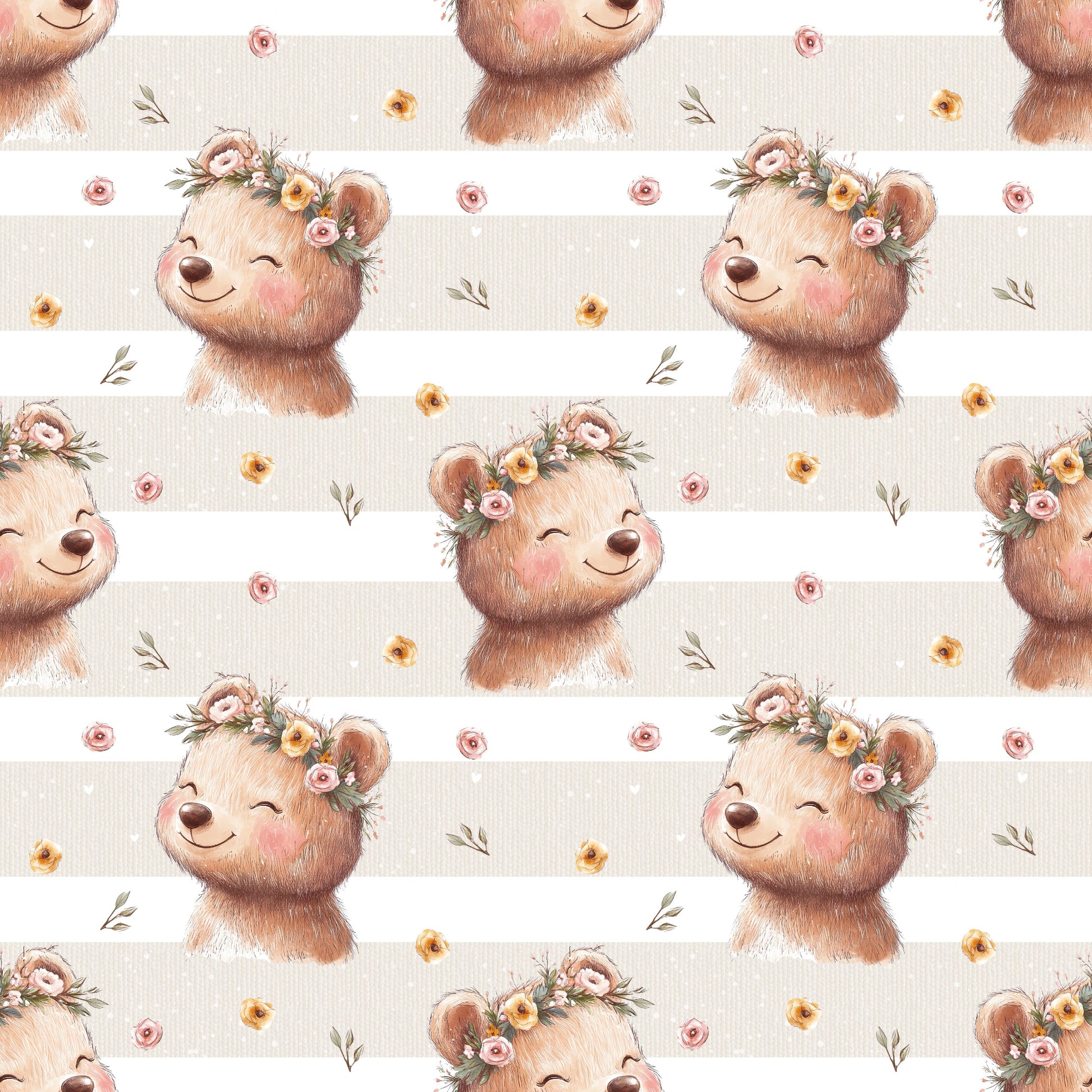Nahtloses Muster „Blumenbär“ auf Ripp-Jersey – verspieltes Bärenmotiv mit floralen Akzenten für Baby- & Kinderkleidung