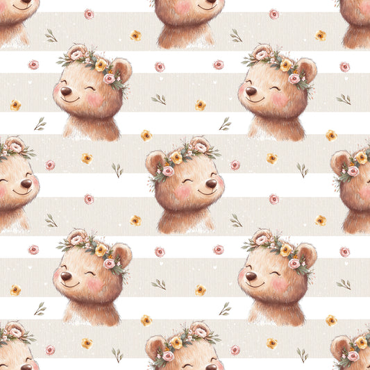 Nahtloses Muster „Blumenbär“ auf Ripp-Jersey – verspieltes Bärenmotiv mit floralen Akzenten für Baby- & Kinderkleidung