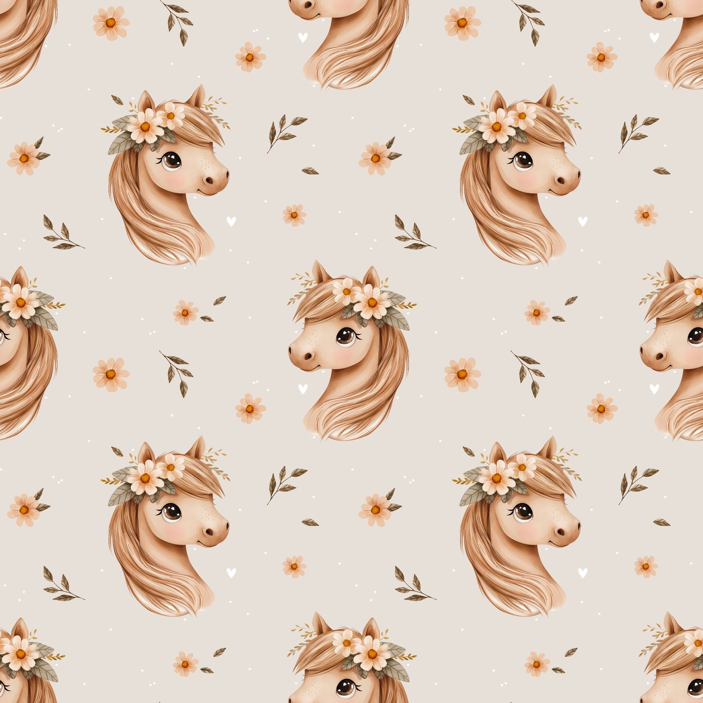 Naheaufnahme des Blumenpferd-Musters mit Pferdeillustrationen, kleinen Blüten und Blättern auf hellem, strukturiertem Hintergrund.