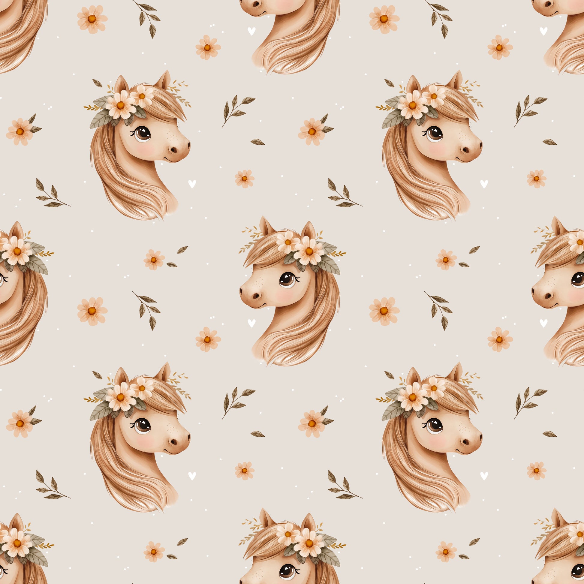 Naheaufnahme des Blumenpferd-Musters mit Pferdeillustrationen, kleinen Blüten und Blättern auf hellem, strukturiertem Hintergrund.