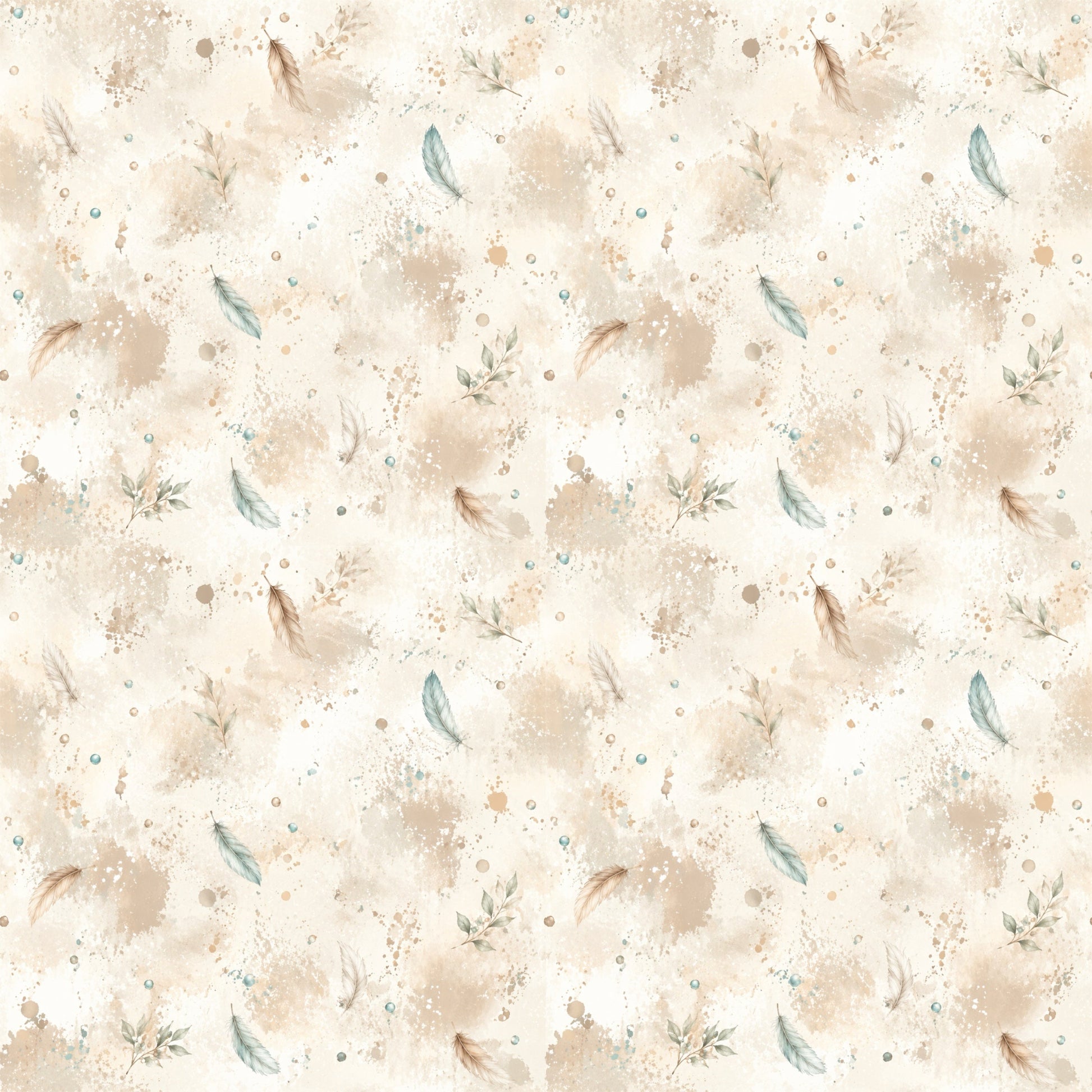 Boho Reh Kombi Stoff mit feinen Federn, Blättern und Aquarellsprenkeln in Beige, Creme und Salbeitönen auf hellem Hintergrund.