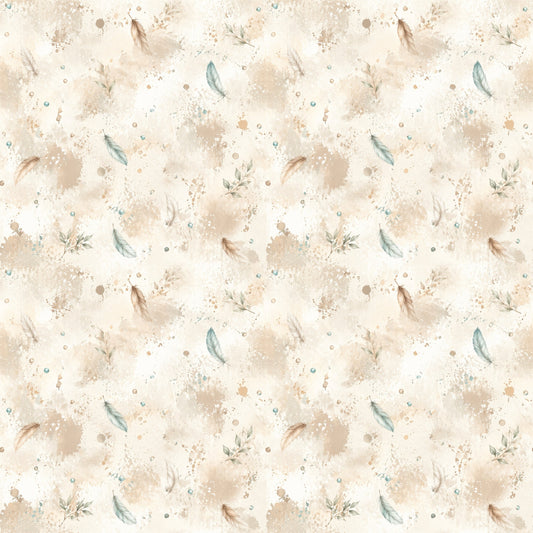 Boho Reh Kombi Stoff mit feinen Federn, Blättern und Aquarellsprenkeln in Beige, Creme und Salbeitönen auf hellem Hintergrund.