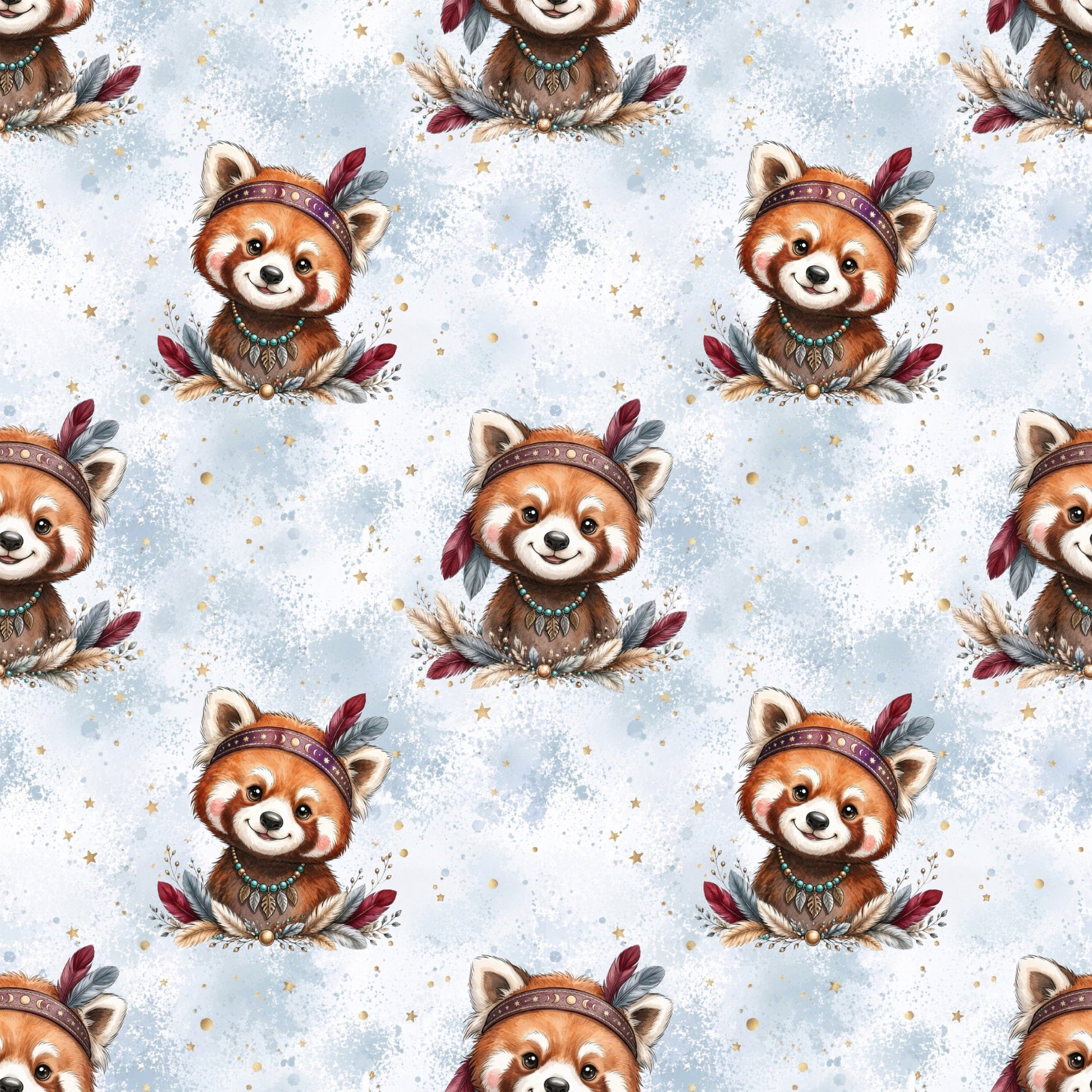 Boho Roter Panda Stoff mit niedlichen roten Pandas im Boho-Stil auf hellblauem Hintergrund mit goldenen Sternen und Aquarellstruktur.