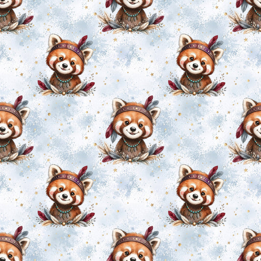 Boho Roter Panda Stoff mit niedlichen roten Pandas im Boho-Stil auf hellblauem Hintergrund mit goldenen Sternen und Aquarellstruktur.