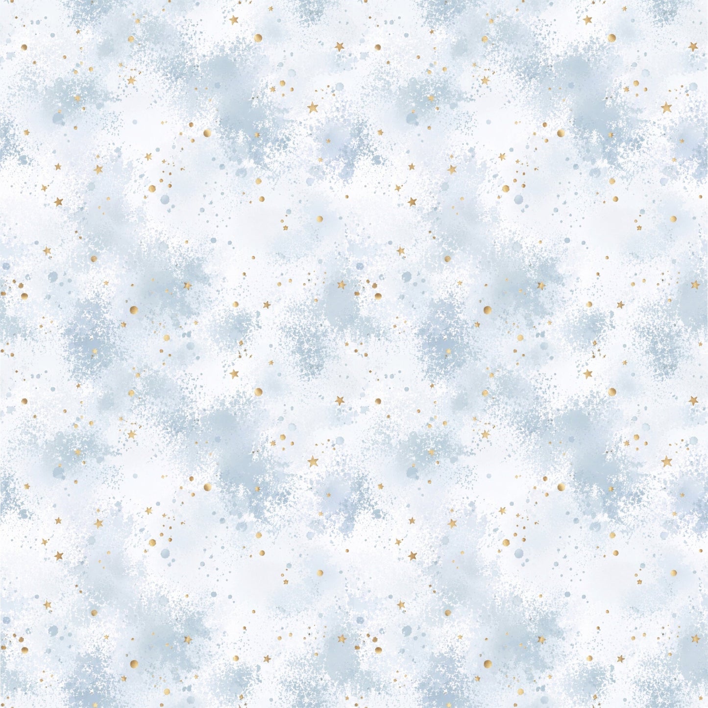 Boho Roter Panda Kombi Stoff mit hellblauer Aquarelloptik, feinen goldenen Sprenkeln und kleinen Sternen auf weißem Hintergrund.