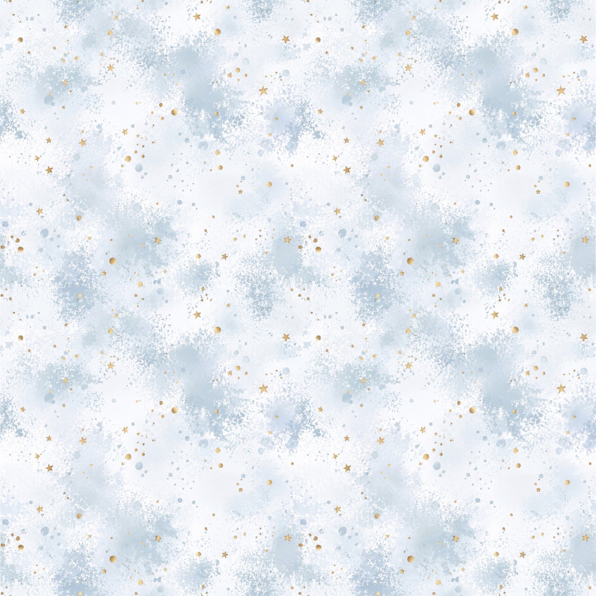 Boho Roter Panda Kombi Stoff mit hellblauer Aquarelloptik, feinen goldenen Sprenkeln und kleinen Sternen auf weißem Hintergrund.