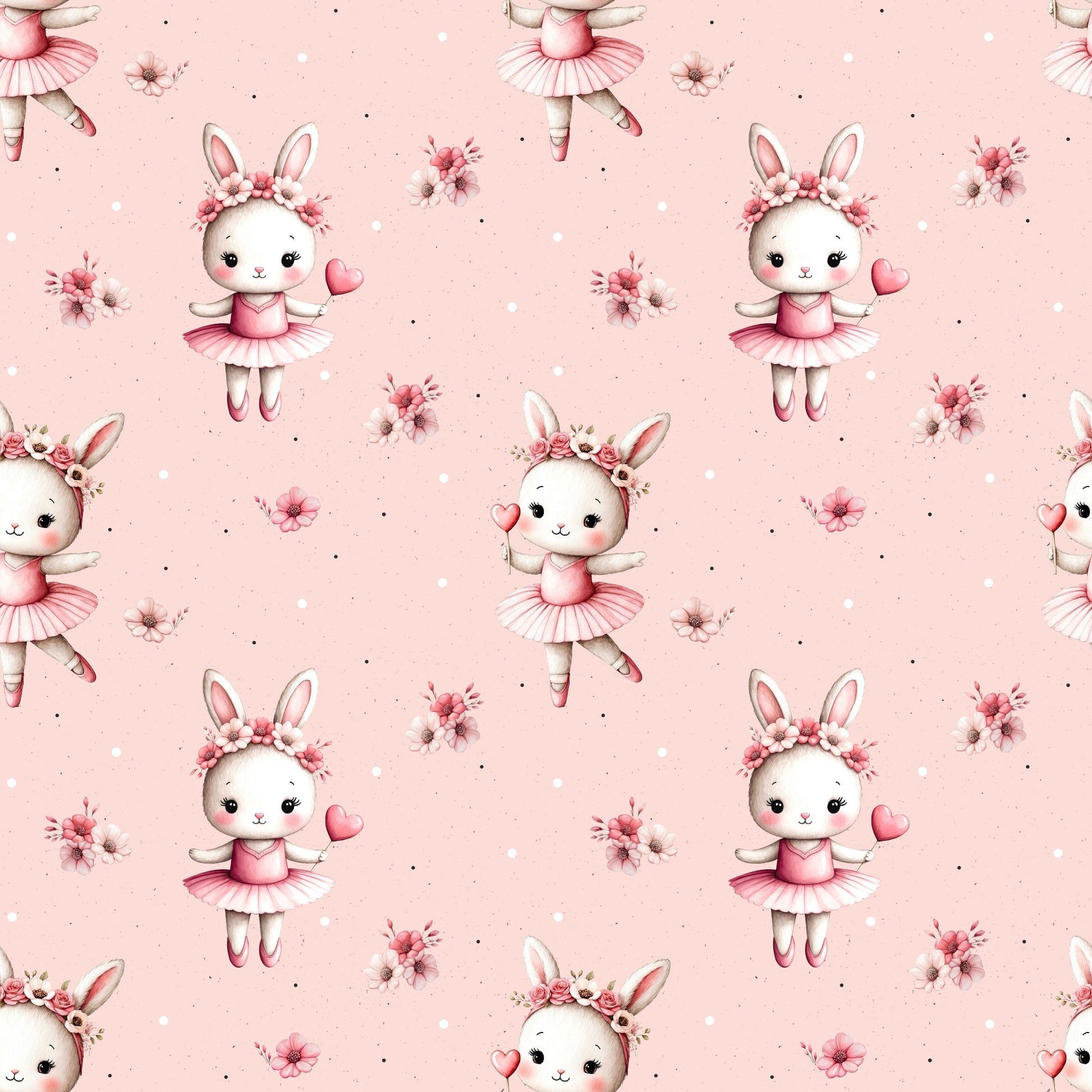 Naheaufnahme des Stoffdesigns „Bunny Ballerina“ mit Ballerina-Häschen, Blumen und Punkten auf roséfarbenem Hintergrund.