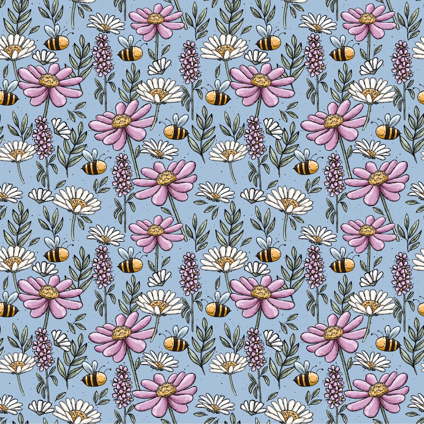 Nahtlose Stoffkachel „Bunte Wiese“ von Katzengold-Designs mit bunten Blüten, grünen Blättern und summenden Bienen auf blaugrünem Grund