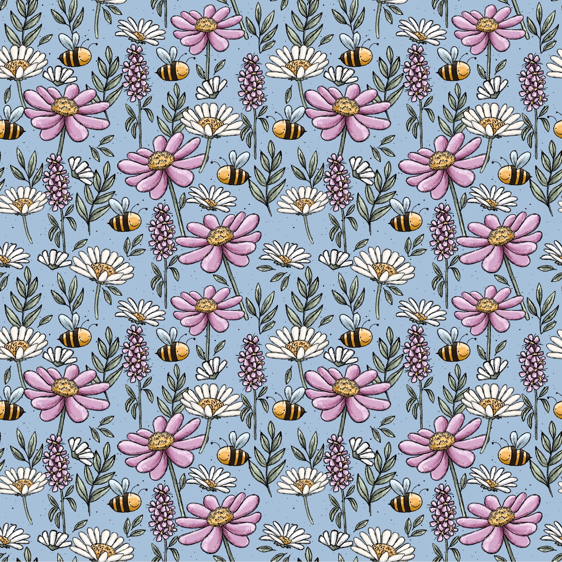 Nahtlose Stoffkachel „Bunte Wiese“ von Katzengold-Designs mit bunten Blüten, grünen Blättern und summenden Bienen auf blaugrünem Grund