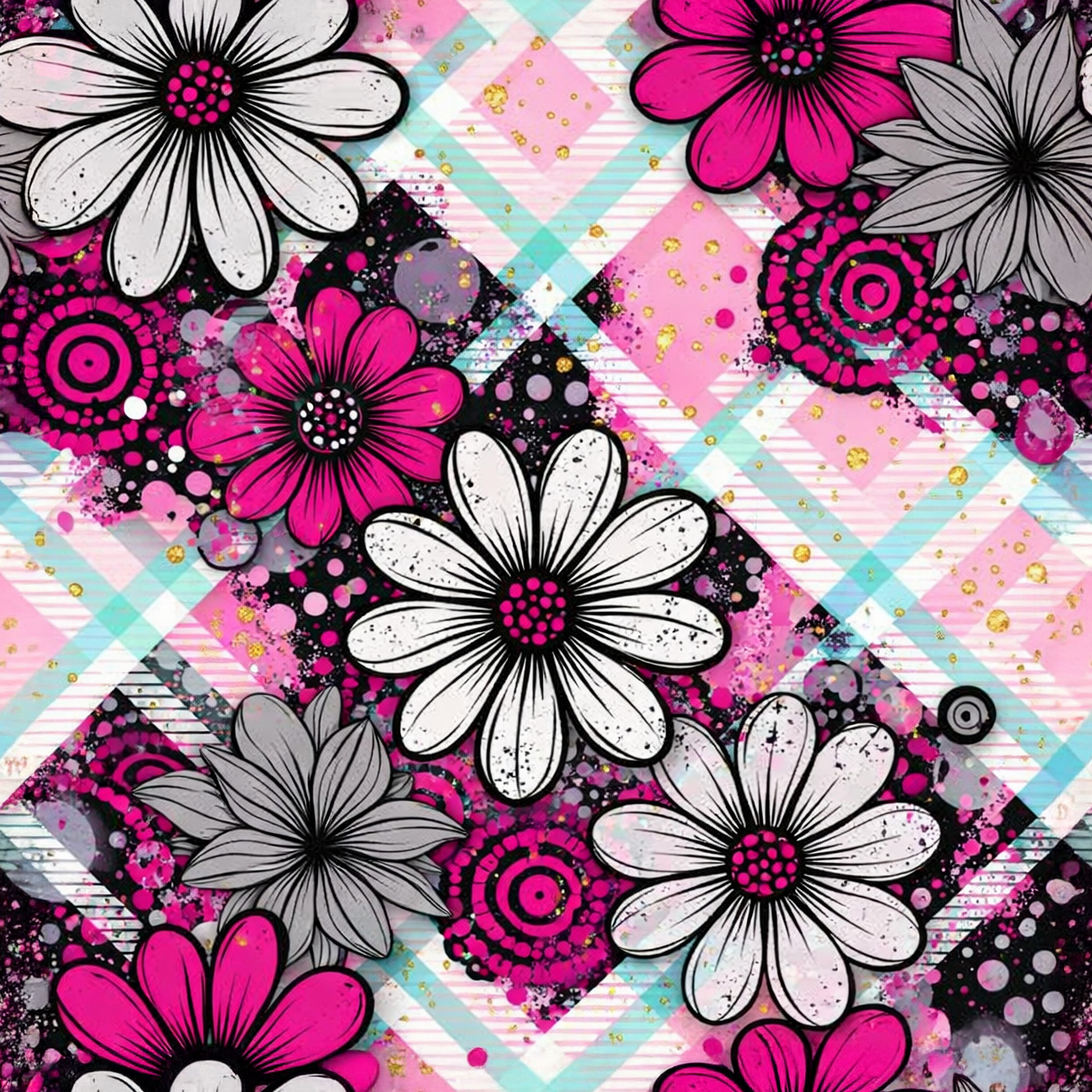 Candy Daisy Allover-Muster mit weißen und pinken Blumen auf zartem rosa-mintfarbenem Karohintergrund für kreative Nähprojekte und Kinderkleidung