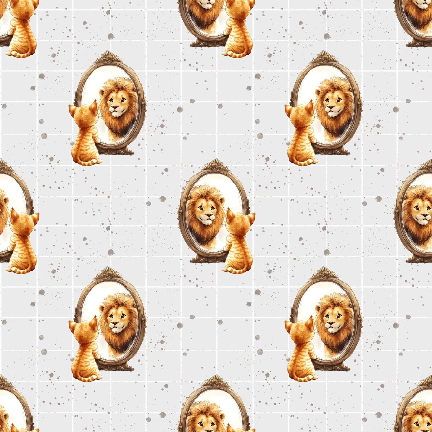 Nahtloses Cat Lion Muster mit Katze-im-Spiegel Motiv auf cremefarbenem Hintergrund mit Linien & Sprenkeln