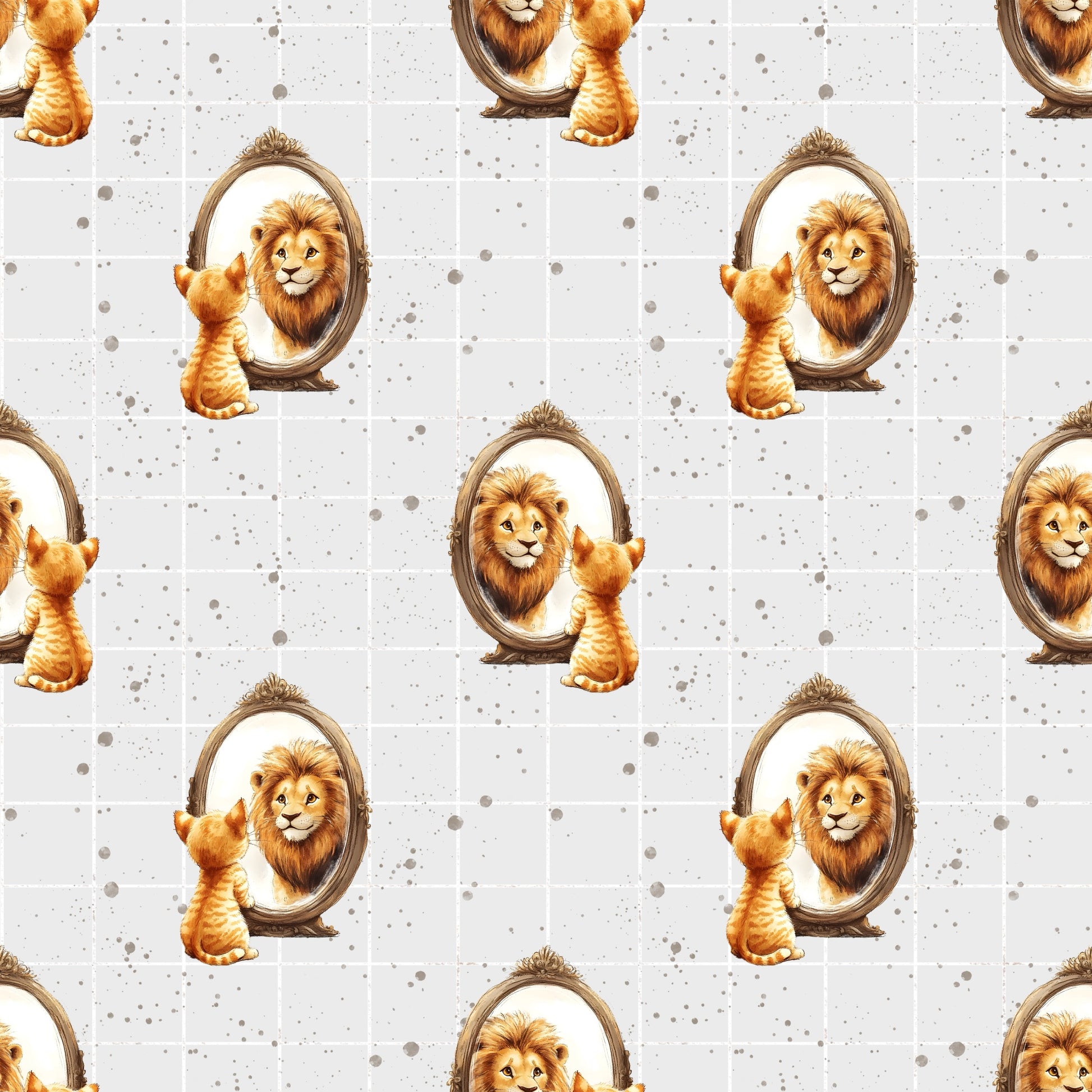 Nahtloses Cat Lion Muster mit Katze-im-Spiegel Motiv auf cremefarbenem Hintergrund mit Linien & Sprenkeln