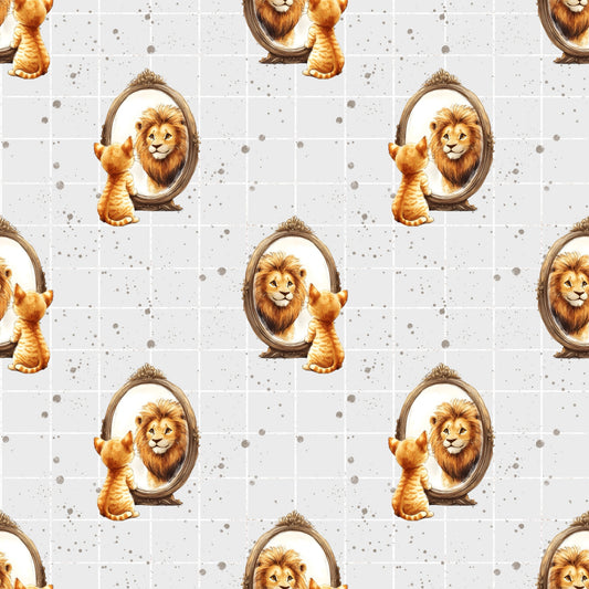 Nahtloses Cat Lion Muster mit Katze-im-Spiegel Motiv auf cremefarbenem Hintergrund mit Linien & Sprenkeln