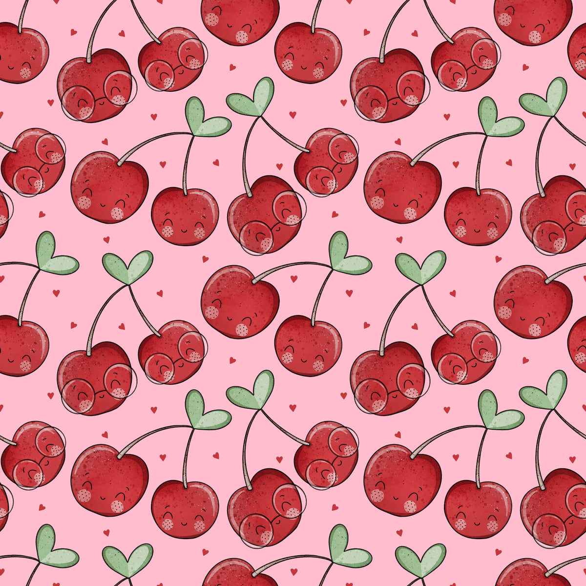 Cherrys Stoffdesign mit roten Kirschen, grünen Herzblättern und kleinen roten Herzen auf rosa Hintergrund