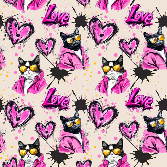 Kombistoff mit Katzen im Streetstyle-Look und pinkem Love-Schriftzug