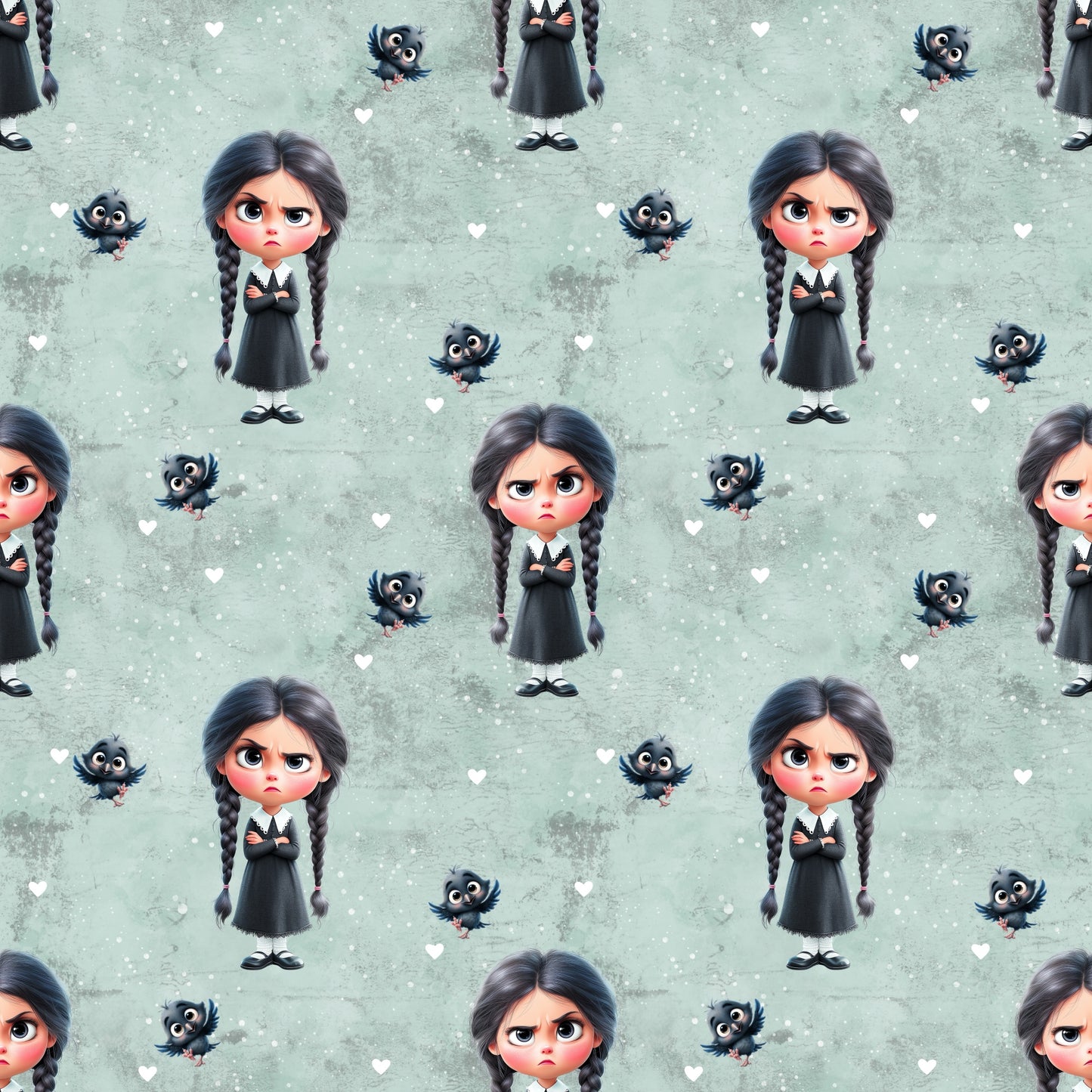 Nahtlos wiederholendes Muster „Dark Girl Vibes“ – Mädchen mit Zöpfen und schwarzen Raben in mystischer Farbwelt aus Grün- und Grautönen