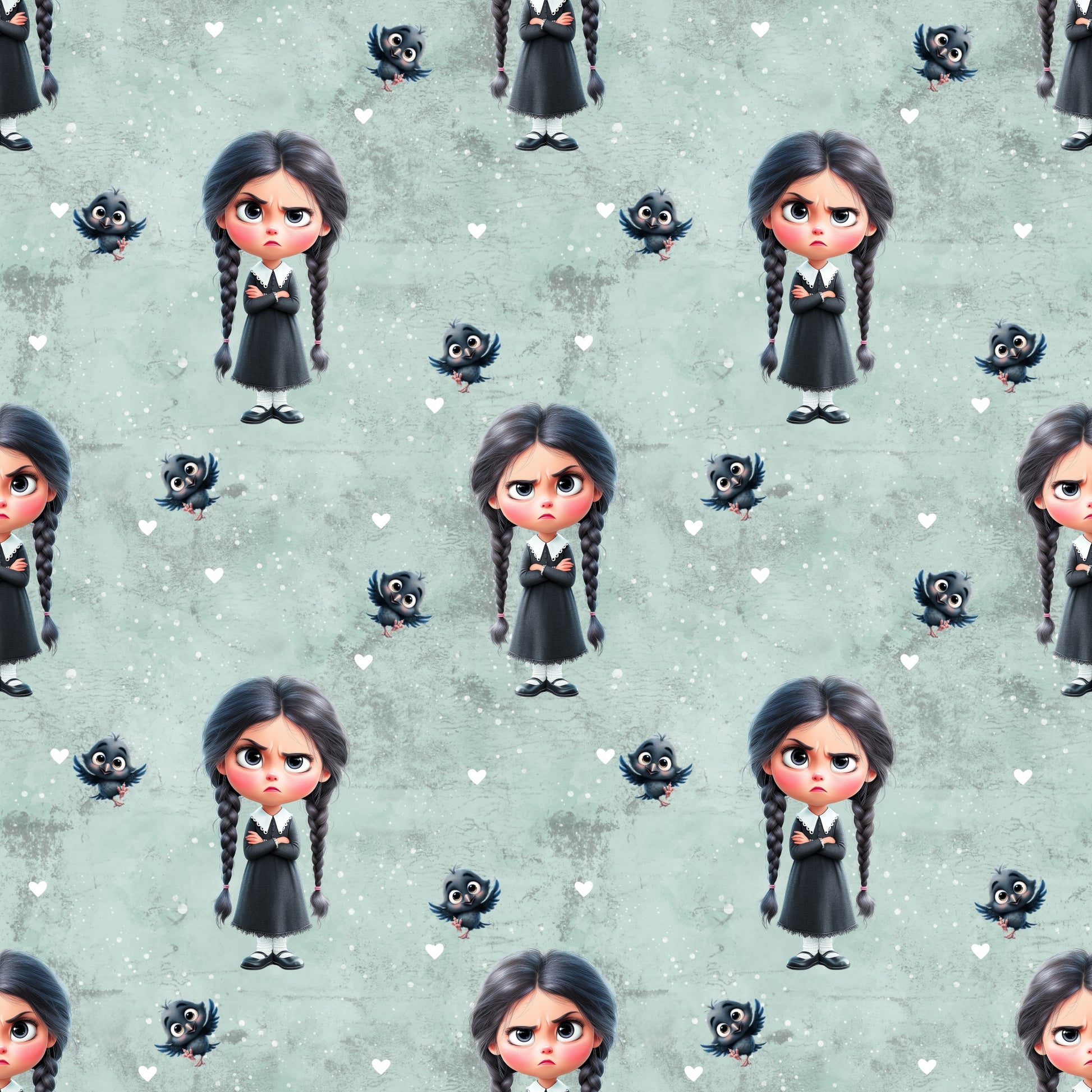 Nahtlos wiederholendes Muster „Dark Girl Vibes“ – Mädchen mit Zöpfen und schwarzen Raben in mystischer Farbwelt aus Grün- und Grautönen