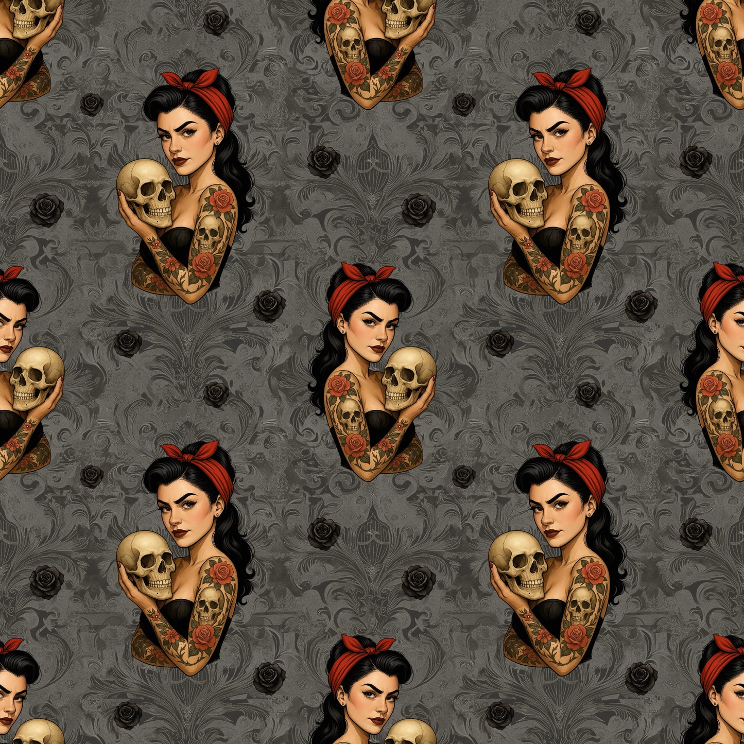 Nahtlose Dark Pinup Stoffkachel mit Tattoo Pin-up Figur, schwarzen Rosen und ornamentiertem dunkelgrauen Hintergrund