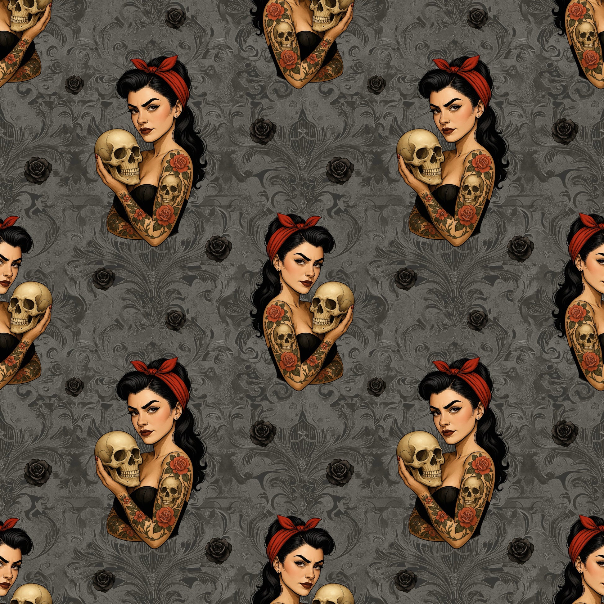 Nahtlose Dark Pinup Stoffkachel mit Tattoo Pin-up Figur, schwarzen Rosen und ornamentiertem dunkelgrauen Hintergrund