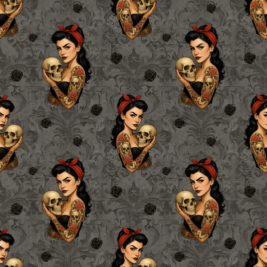 Nahtlose Dark Pinup Stoffkachel mit Tattoo Pin-up Figur, schwarzen Rosen und ornamentiertem dunkelgrauen Hintergrund