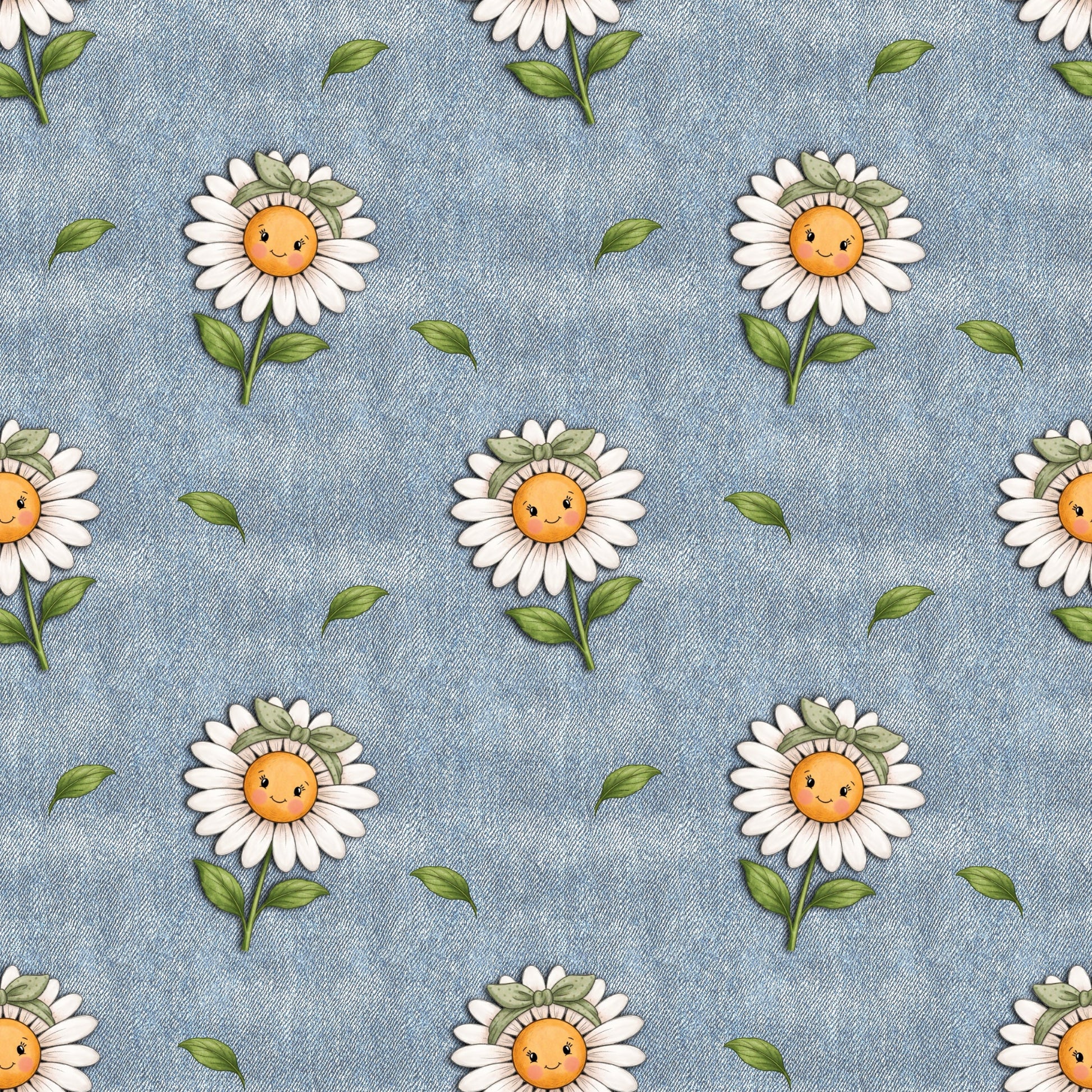 Jeanslook Stoff mit süßem Blumenmotiv und grünen Blättern als Meterware