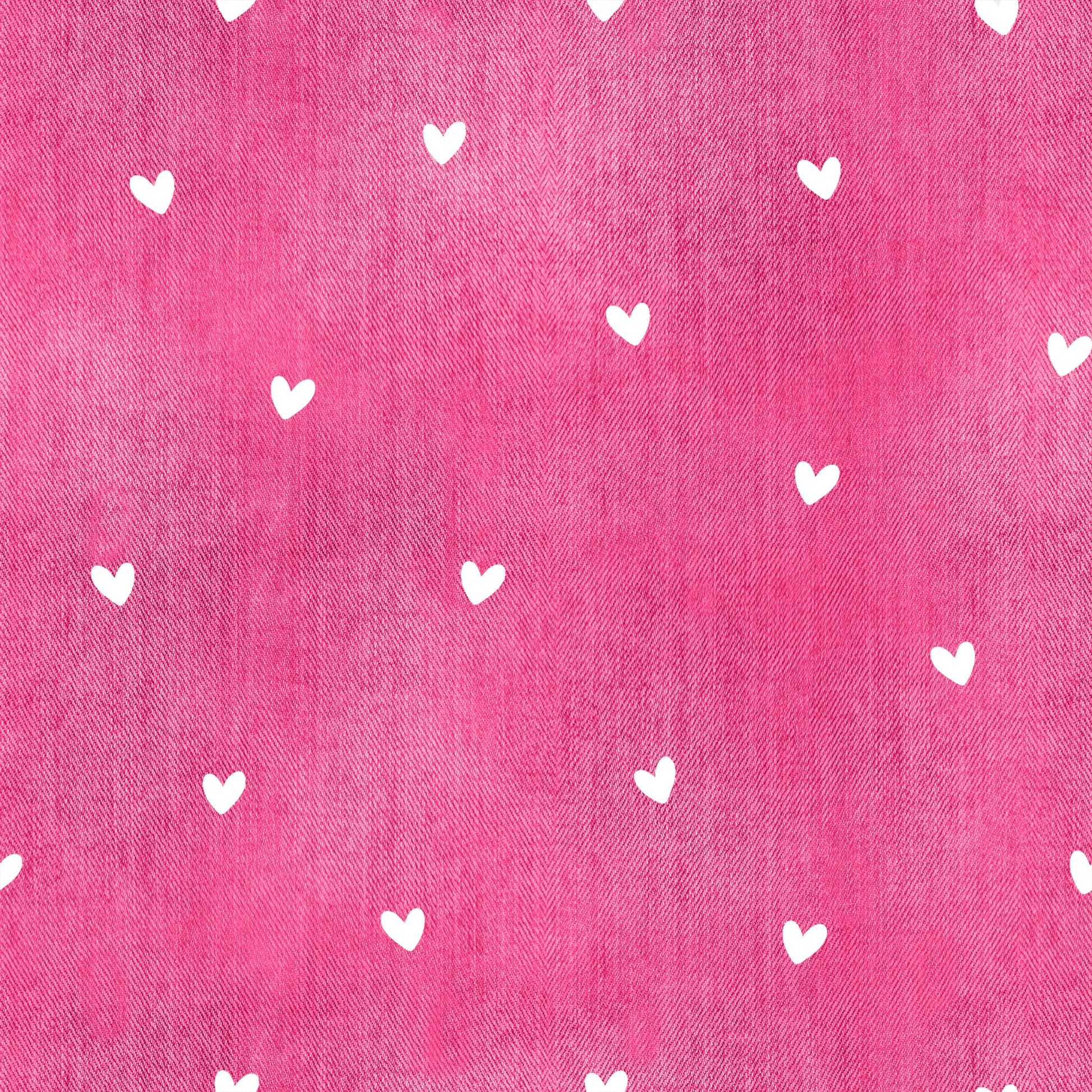 Nahtloser Denim Stoff in Pink mit weißen Herzen als Kombistoff