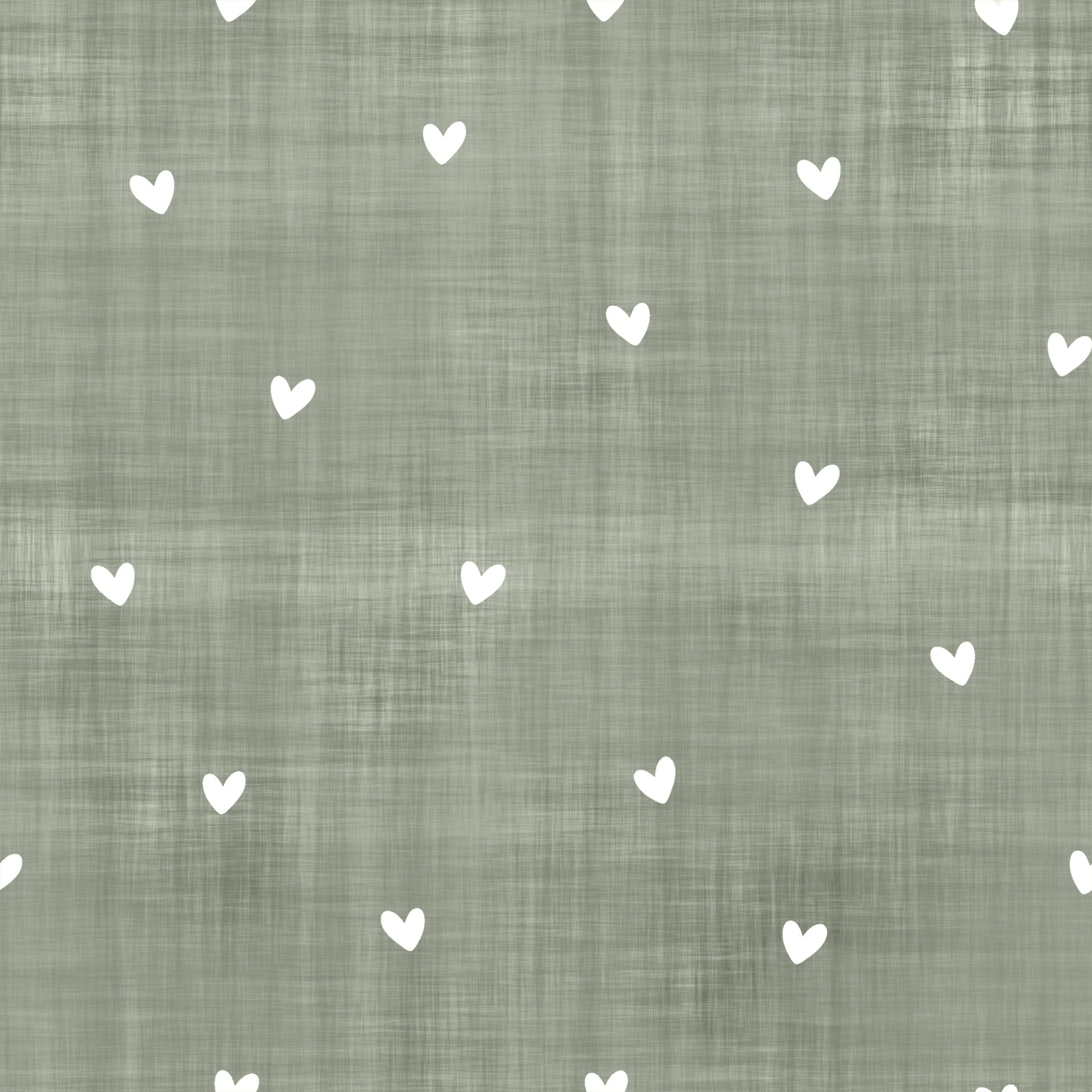 Nahtloser Denim Stoff in Salbei mit weißen Herzen als Kombistoff für Kinderkleidung