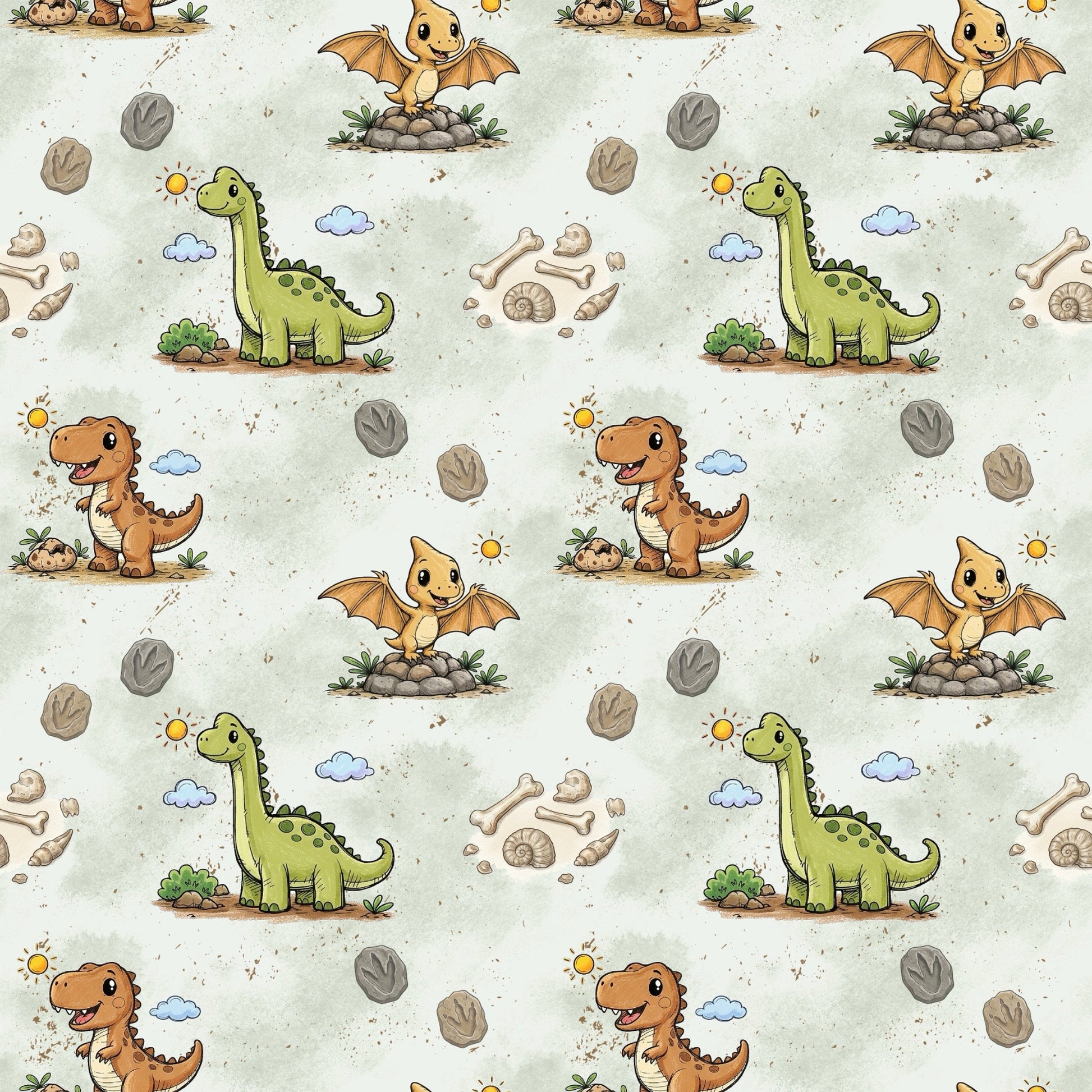 Kinderstoff mit niedlichen Dinosauriern und Fossilien auf mintfarbenem Hintergrund