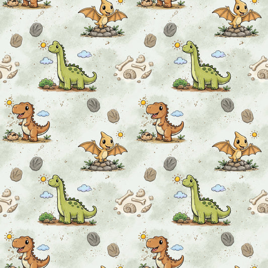 Kinderstoff mit niedlichen Dinosauriern und Fossilien auf mintfarbenem Hintergrund