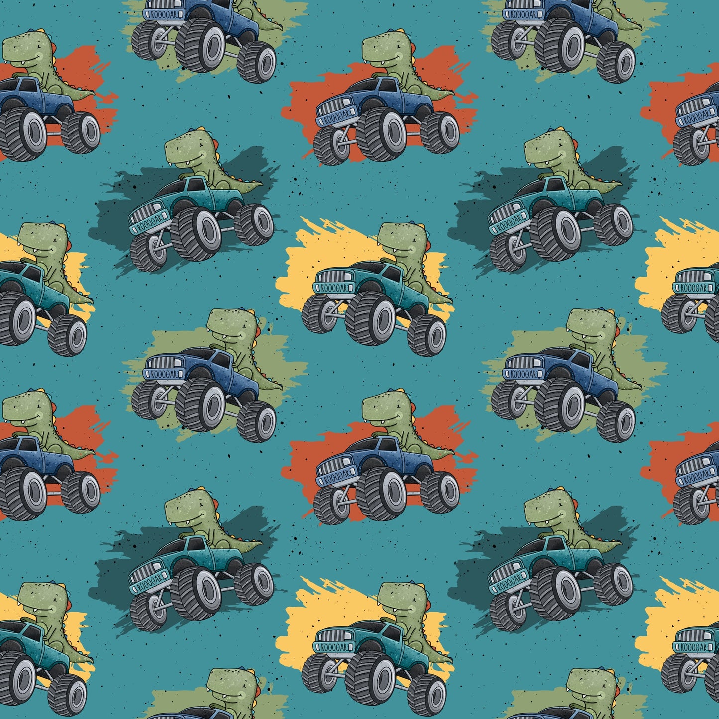 Nahtloses Muster „Dino Truck“ – Dinosaurier im Monstertruck mit Farbsplashes auf petrol/türkis – Kinderstoff (Jersey/French Terry), handgemalt von Katzengold-Designs