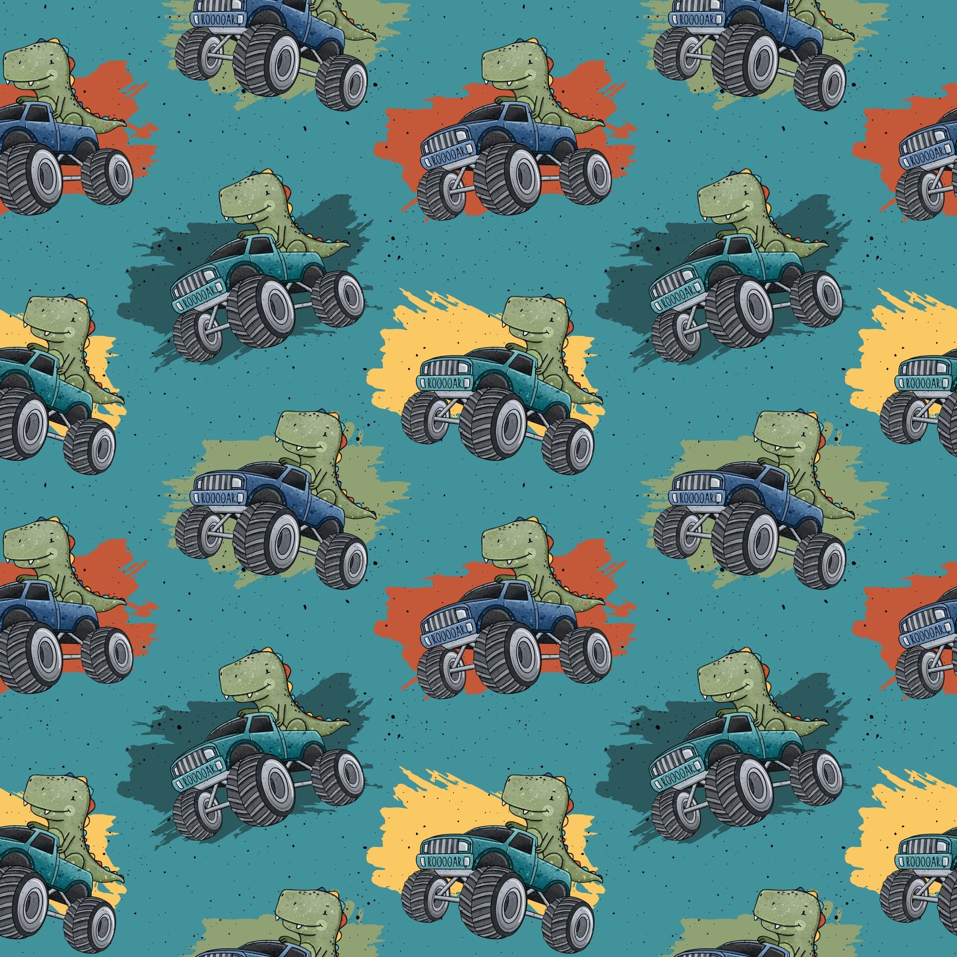 Nahtloses Muster „Dino Truck“ – Dinosaurier im Monstertruck mit Farbsplashes auf petrol/türkis – Kinderstoff (Jersey/French Terry), handgemalt von Katzengold-Designs