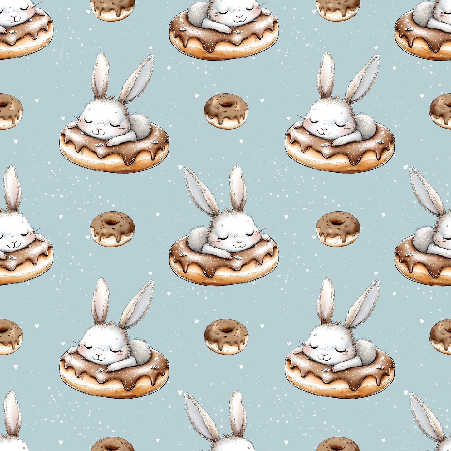 Donuthäschen Stoffdesign mit Osterhasen, Donuts und zarten Herzchen