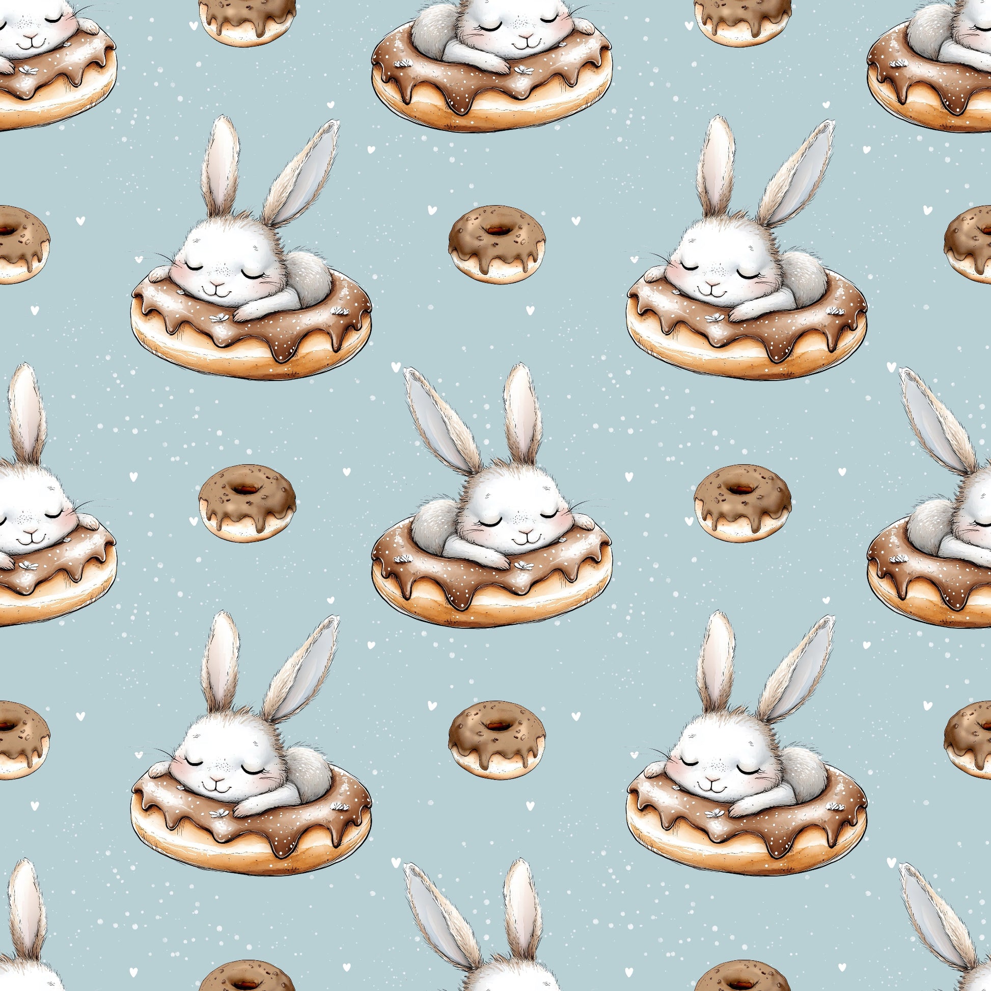 Donuthäschen Stoffdesign mit Osterhasen, Donuts und zarten Herzchen