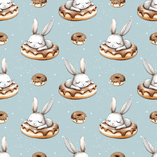 Donuthäschen Stoffdesign mit Osterhasen, Donuts und zarten Herzchen