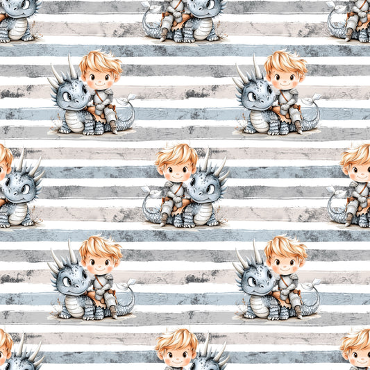 Nahtloses Muster mit Drachenreiter und Streifen in sanften Grau- und Blautönen