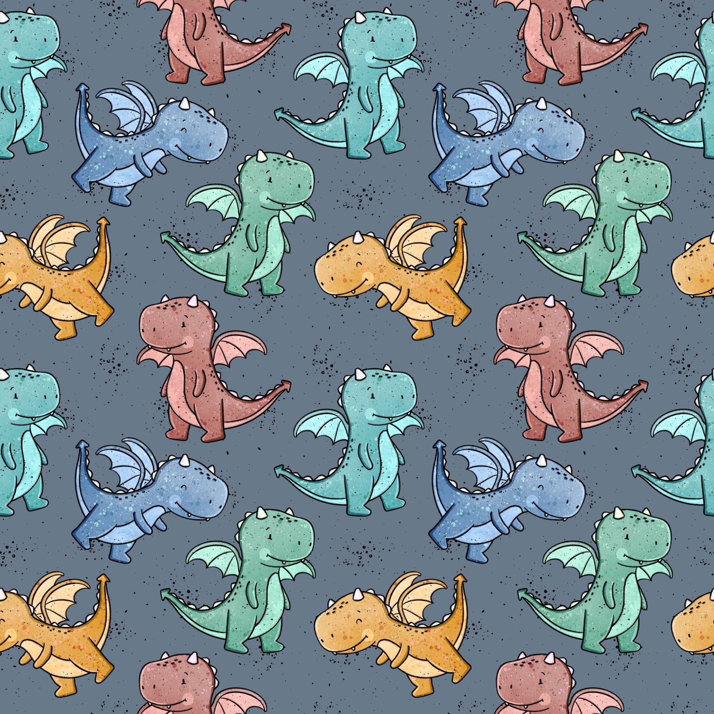 Nahtloses Muster mit kleinen freundlichen Drachen in gedeckten Farben auf dunklem, strukturiertem Hintergrund.