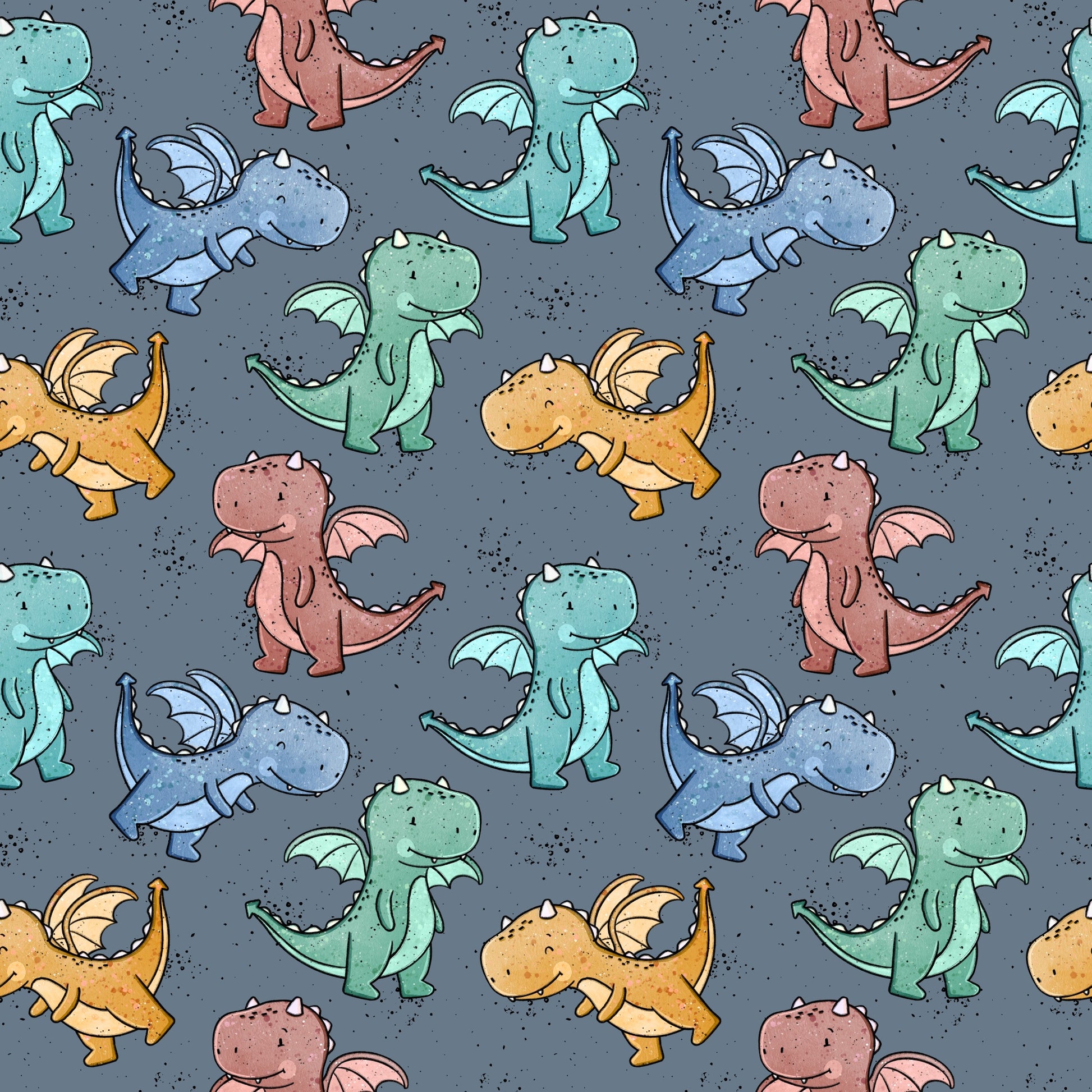 Nahtloses Muster mit kleinen freundlichen Drachen in gedeckten Farben auf dunklem, strukturiertem Hintergrund.