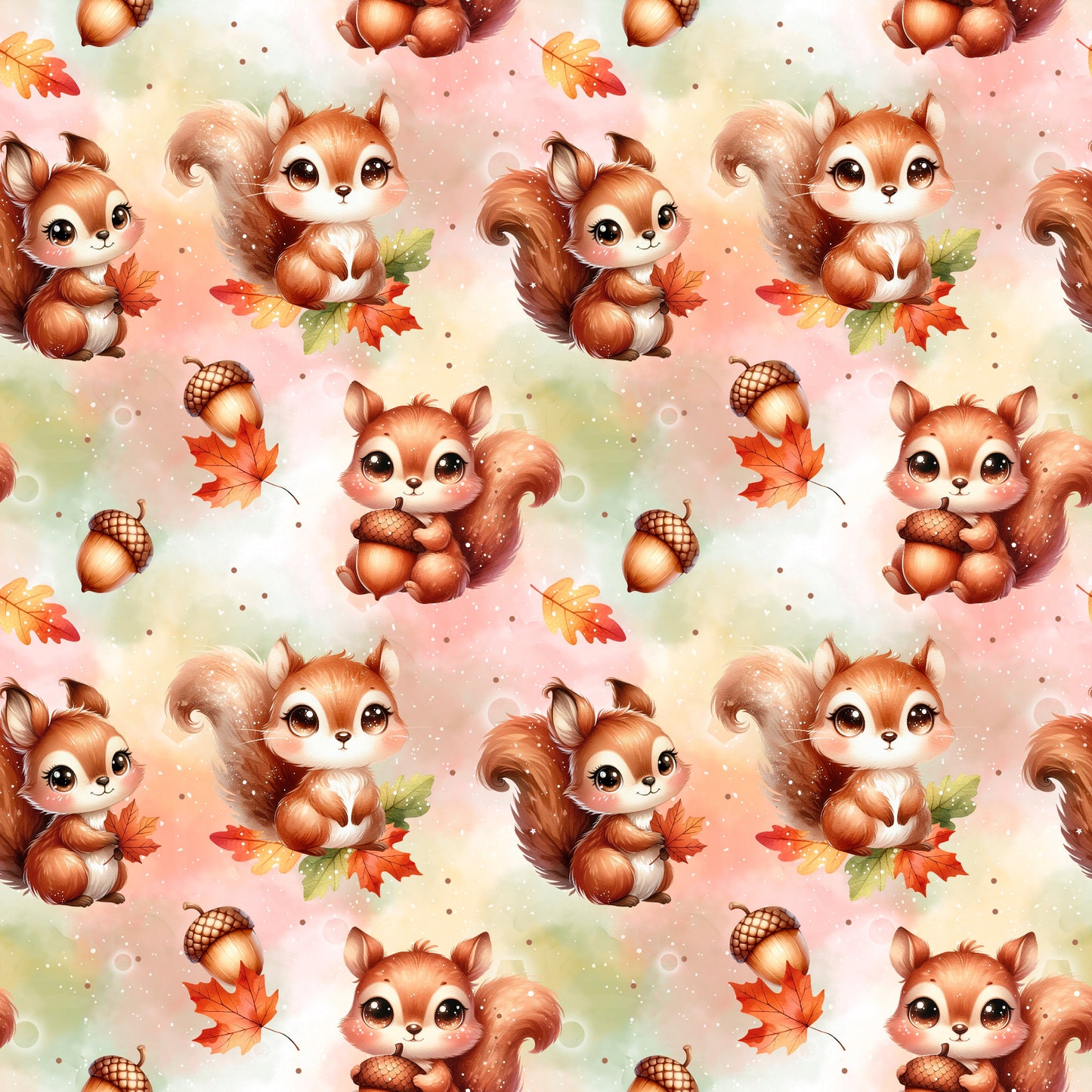 Nahe Aufnahme des Designs ‚Eichhörnchen im Herbst‘ mit süßen Eichhörnchen, Eicheln und Herbstblättern auf weichem Farbverlauf.