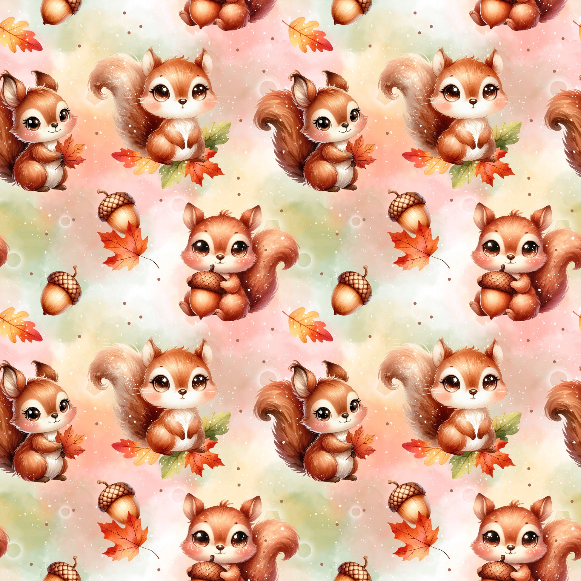 Nahe Aufnahme des Designs ‚Eichhörnchen im Herbst‘ mit süßen Eichhörnchen, Eicheln und Herbstblättern auf weichem Farbverlauf.