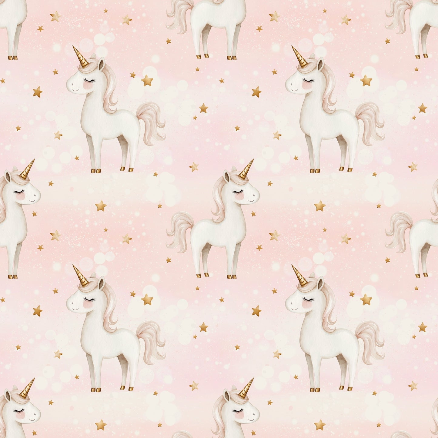 Wiederholendes Muster mit Einhörnern und goldenen Sternen auf sanft rosafarbenem Hintergrund – Design „Einhornglück“.