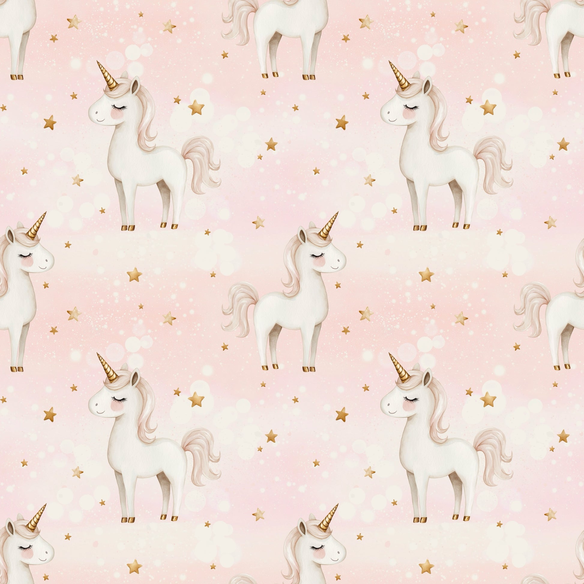 Wiederholendes Muster mit Einhörnern und goldenen Sternen auf sanft rosafarbenem Hintergrund – Design „Einhornglück“.
