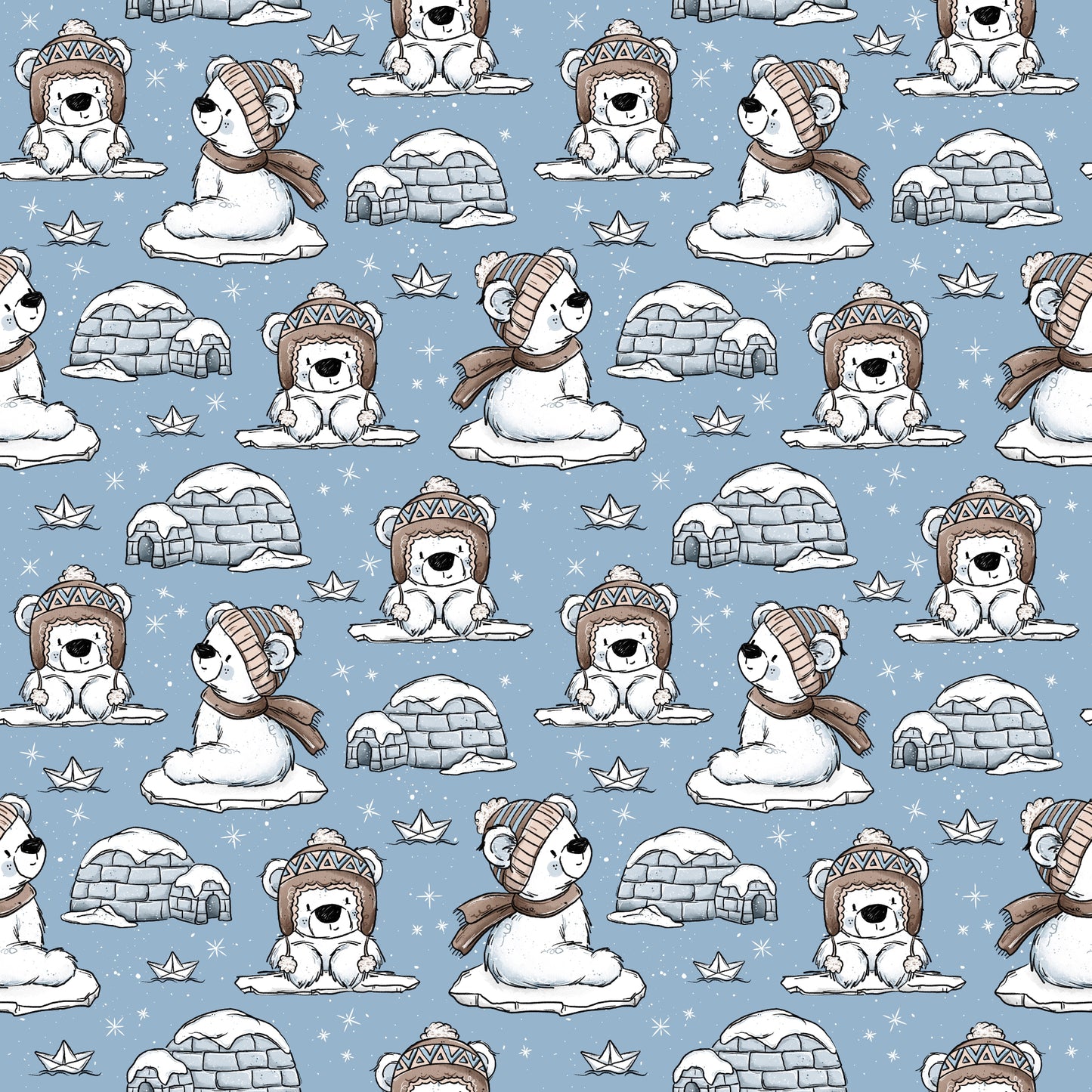 Nahtloses Stoffdesign „Eisbärchi“ mit niedlichen Eisbären in Mützen und Schals, Iglus, Eisschollen, Schneeflocken und Papierschiffchen auf eisblauem Hintergrund.