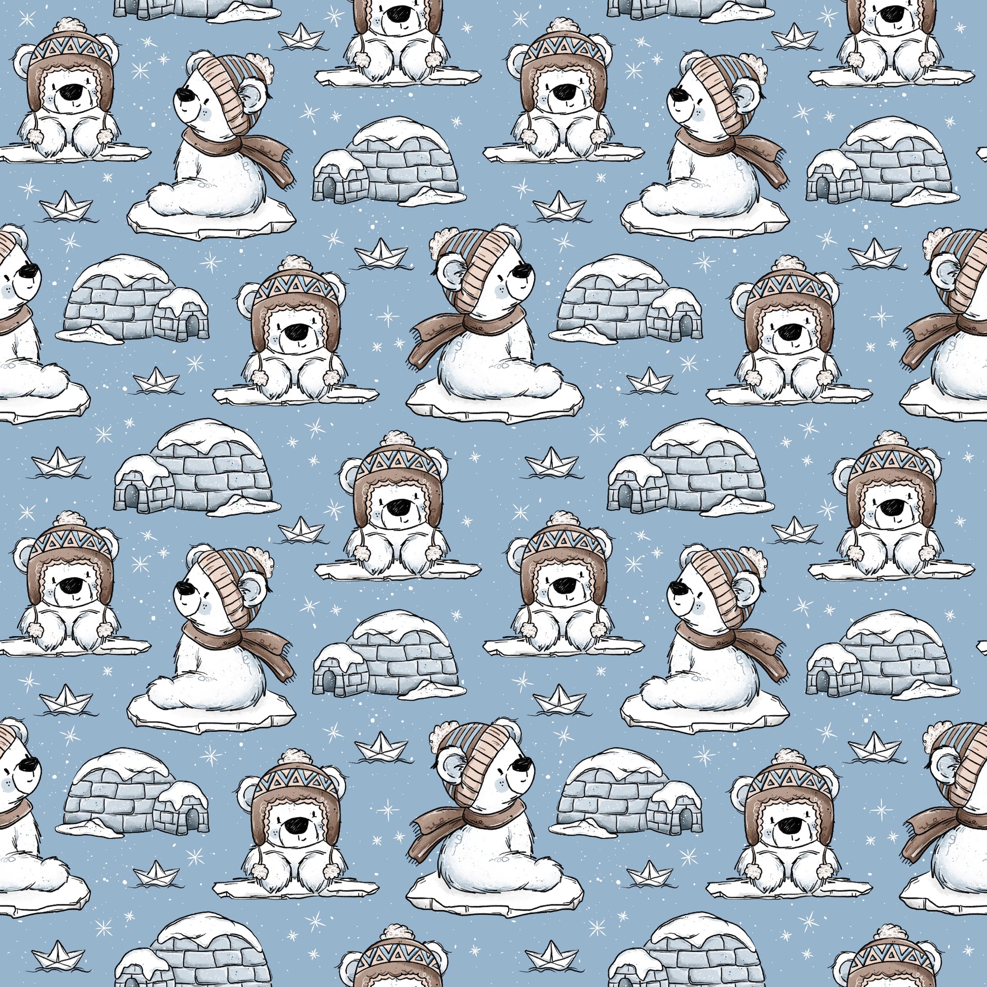 Nahtloses Stoffdesign „Eisbärchi“ mit niedlichen Eisbären in Mützen und Schals, Iglus, Eisschollen, Schneeflocken und Papierschiffchen auf eisblauem Hintergrund.