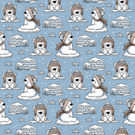 Nahtloses Stoffdesign „Eisbärchi“ mit niedlichen Eisbären in Mützen und Schals, Iglus, Eisschollen, Schneeflocken und Papierschiffchen auf eisblauem Hintergrund.