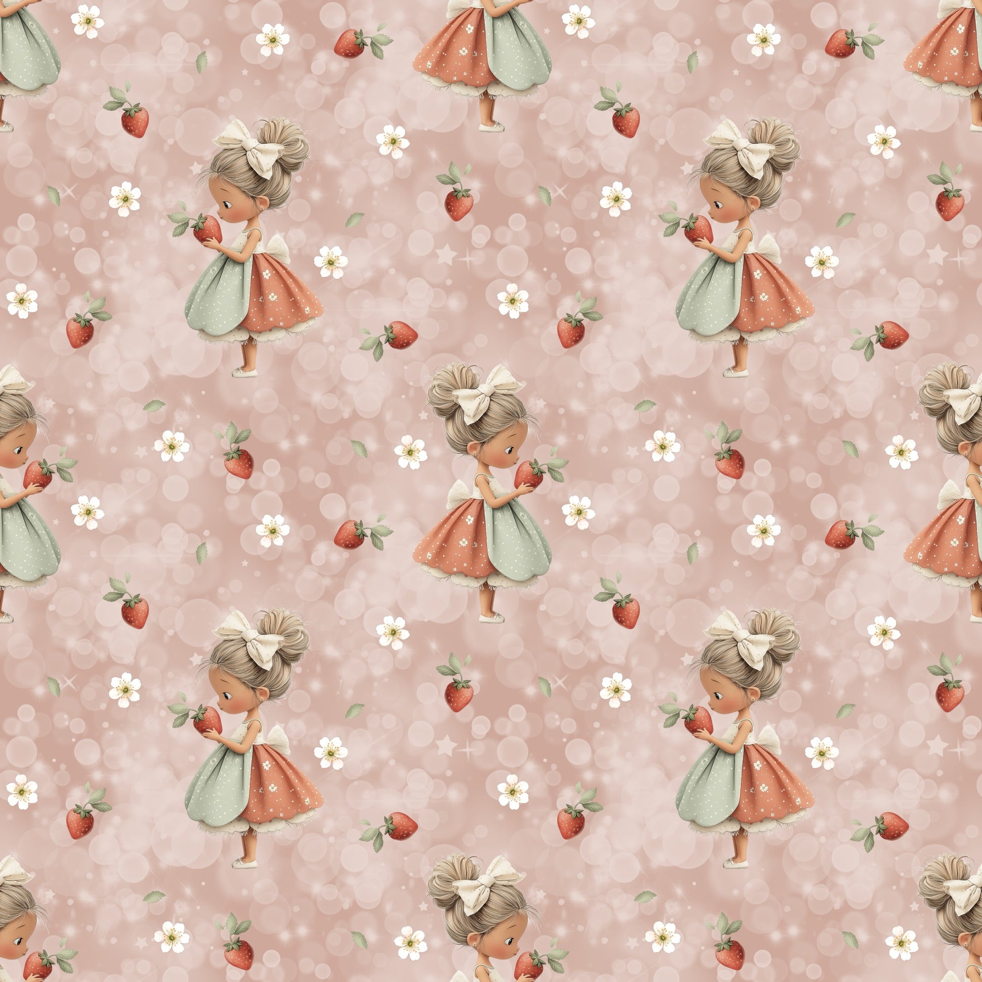 Nahtloses Erdbeermädchen Design mit süßem Mädchen, Erdbeeren und kleinen weißen Blüten auf roséfarbenem Hintergrund