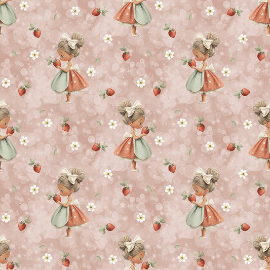 Nahtloses Erdbeermädchen Design mit süßem Mädchen, Erdbeeren und kleinen weißen Blüten auf roséfarbenem Hintergrund