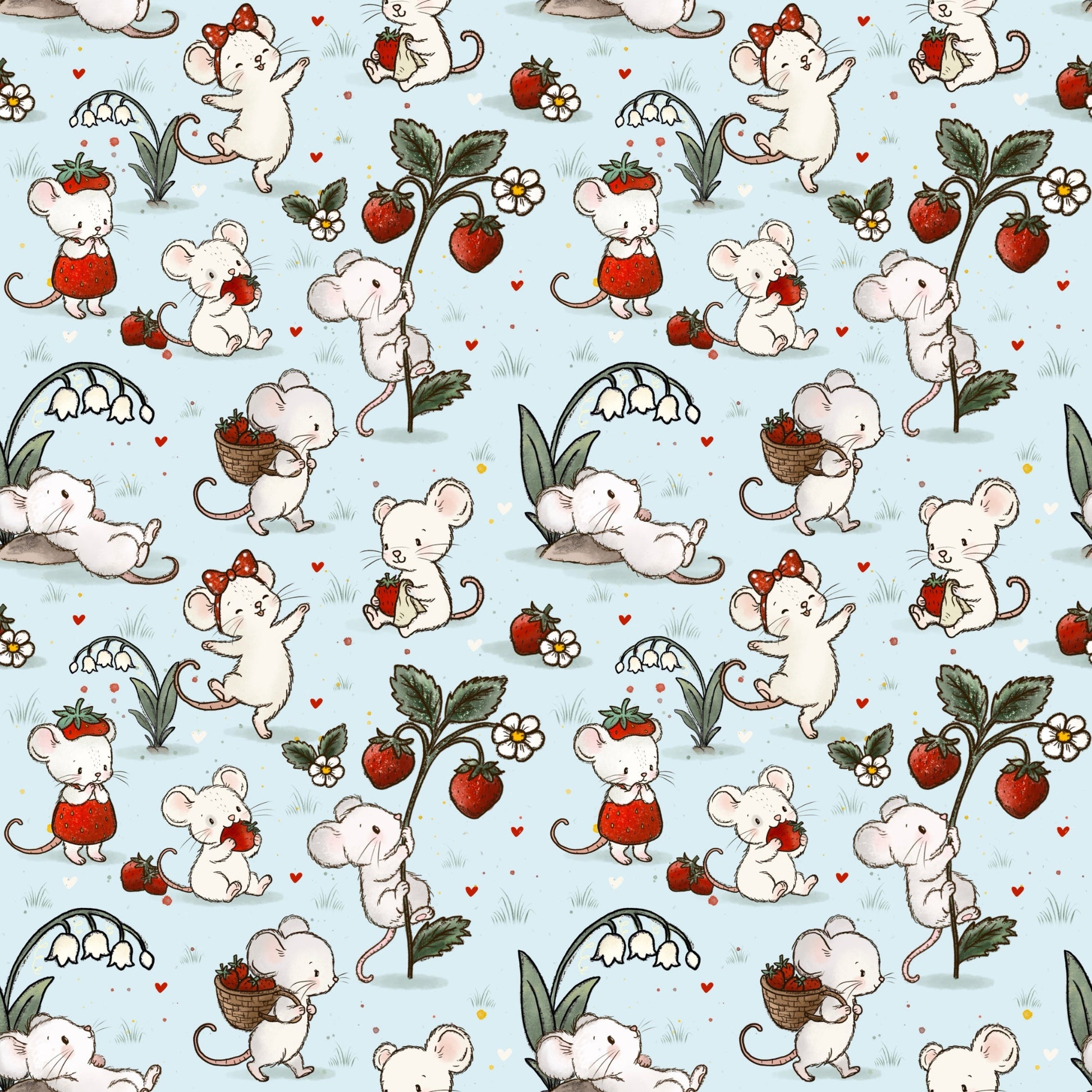 Nahtloses Stoffdesign Erdbeermäuse mit kleinen Mäusen, Erdbeeren und Blüten auf hellblauem Hintergrund von Fritten Design.