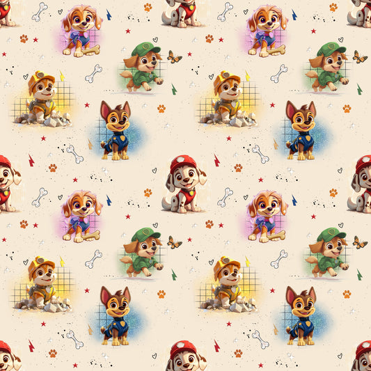 Nahe Ansicht der Stoffkachel „Fellfreunde im Einsatz – Creme“ mit detailreichen Hundemotiven auf warmem Creme-Hintergrund.