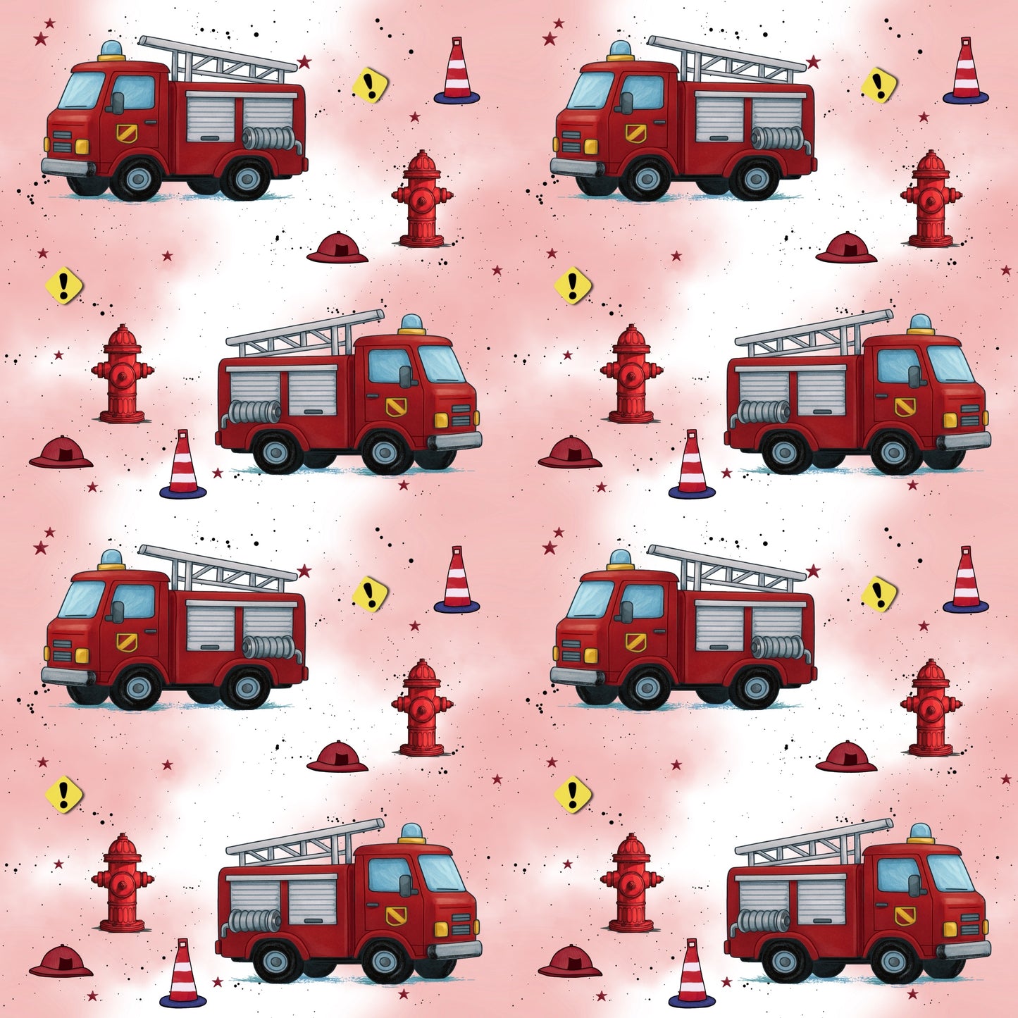 Wiederholendes Feuerwehrmuster mit Löschfahrzeugen und Einsatzsymbolen auf hellrotem Hintergrund – Design „Feuerwehr Crew“.